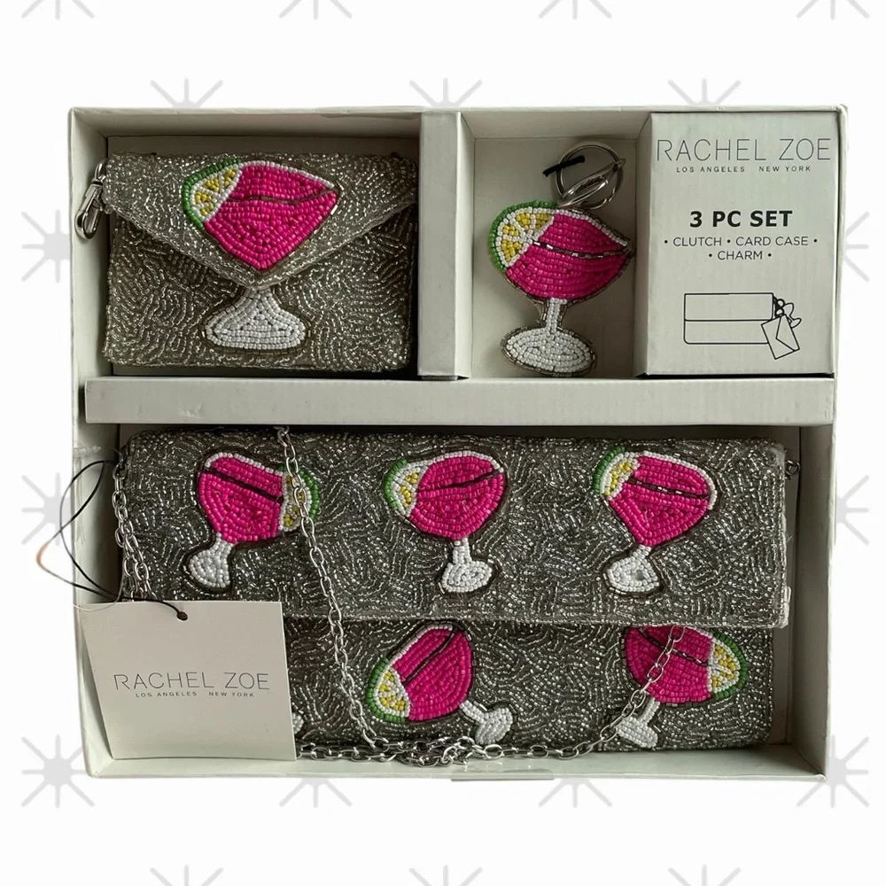 Rachel Zoe Silver Pink Cocktail Martini Beaded Bag Purse Set Clutch Card Charm